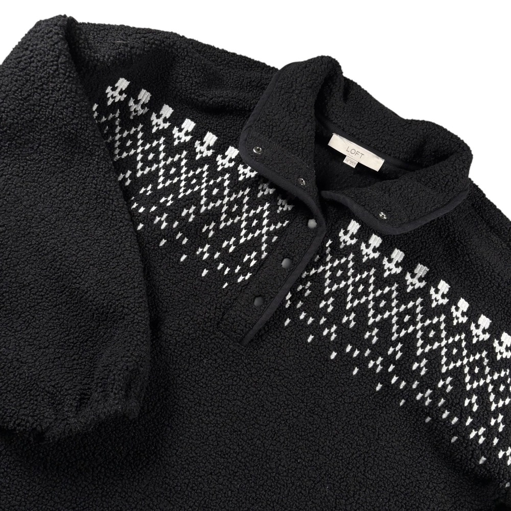 LOFT Black White Fair Isle Fleece Pullover Sweater Women XXL Snap Neck Cozy Boxy